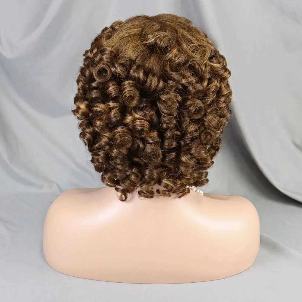 Pelucas de cabello humano rizado con flequillo, pelo corto Afro rizado, hecho a máquina, Remy brasileño, 200% de densidad