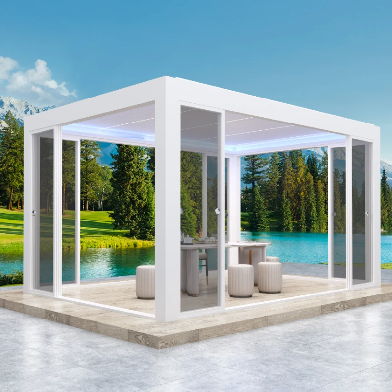 Freestanding Louvered Pergola with 6063T6 Heavy Duty Frame and Full Glass Enclosure for Year-Round Outdoor Use