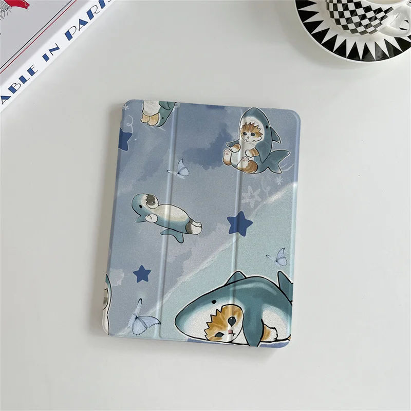 Adorable Cat Shark-Themed Tablet Case with Sleep/Wake Function