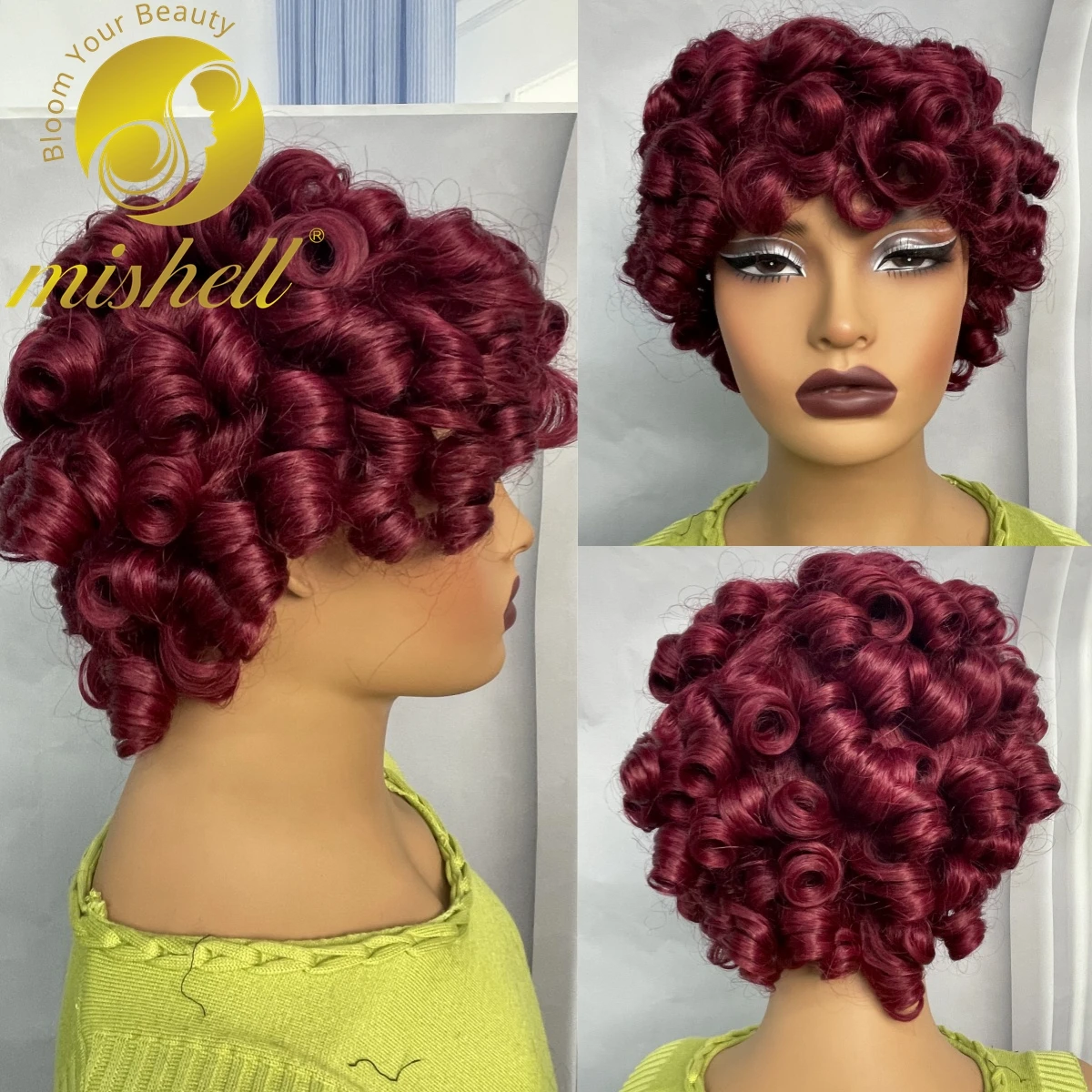 99J Burgundy Bouncy Curly Human Hair Wigs with Bangs 200% Afro Kinky Curly Full Machine Made Wigs Brazilian Remy with Baby Hair