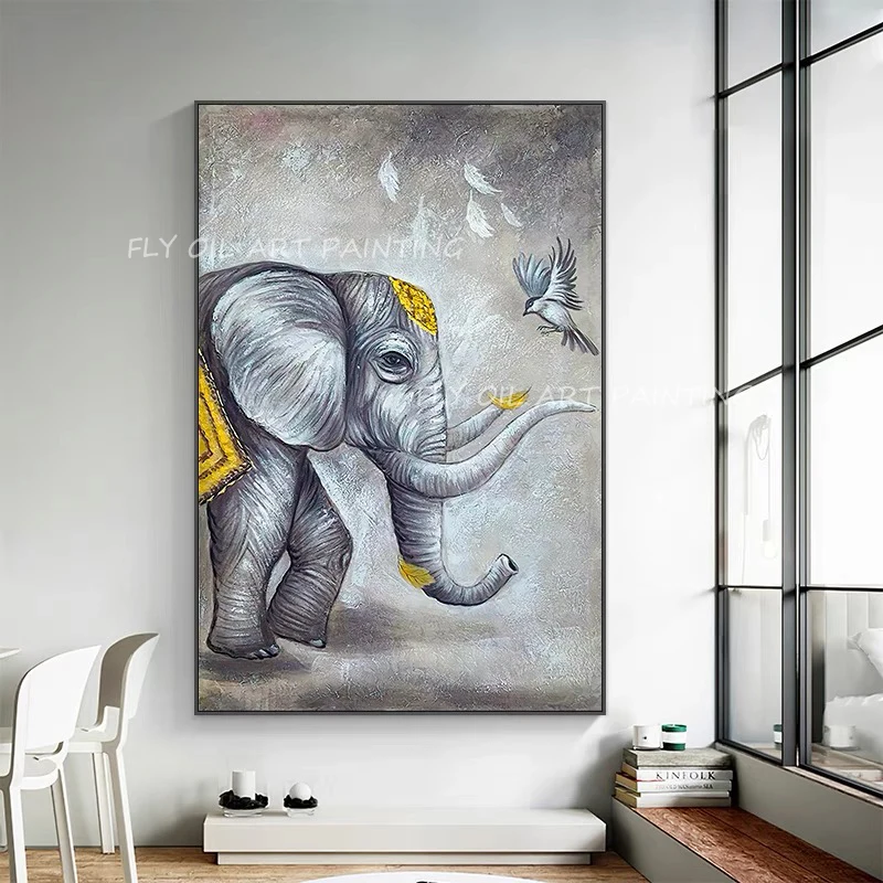 Elefante de gran tamaño, animal, pintura al óleo 100 % pintada a mano sobre lienzo, imagen decorativa abstracta para la pared de la sala de estar