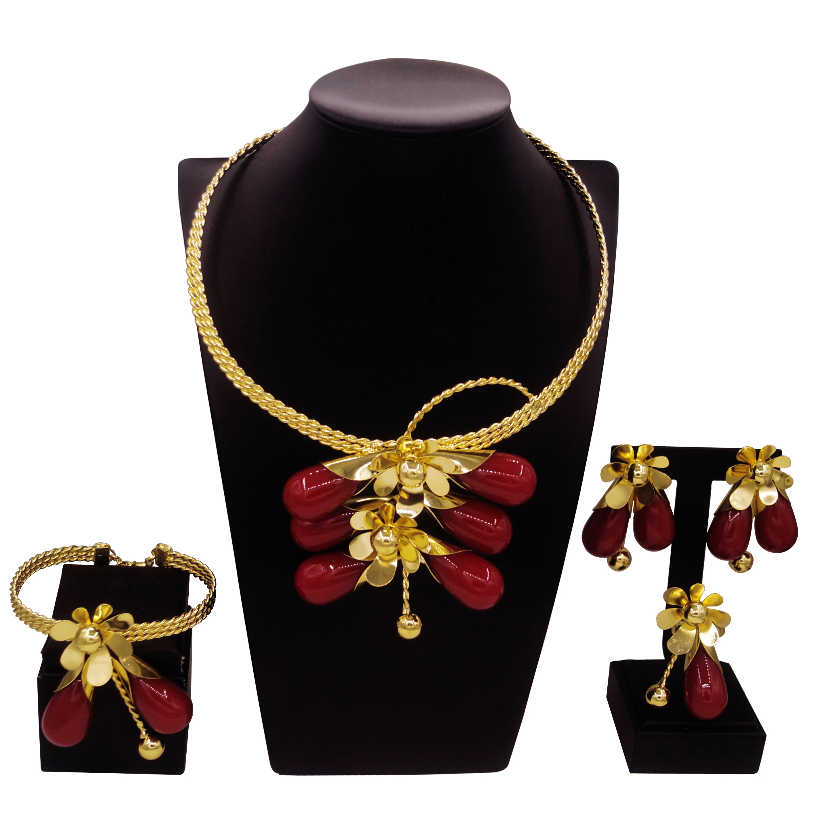 

Woman Luxury Jewelry Set Brazilian Pink Oil Drip Pendant Gold Plated Earrings Bracelet Wedding Dinner Jewelry