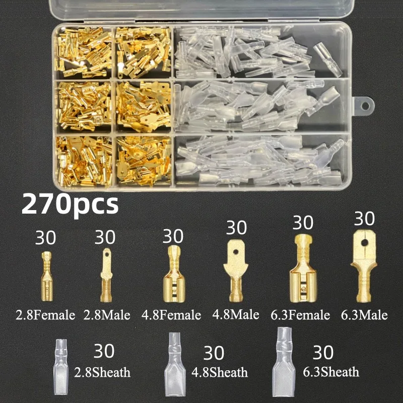 

270Pcs 2.8/4.8/6.3mm Quick Splice Male and Female Wire Spade Connector Crimp Terminal Block Kit with Insulating Sleeve