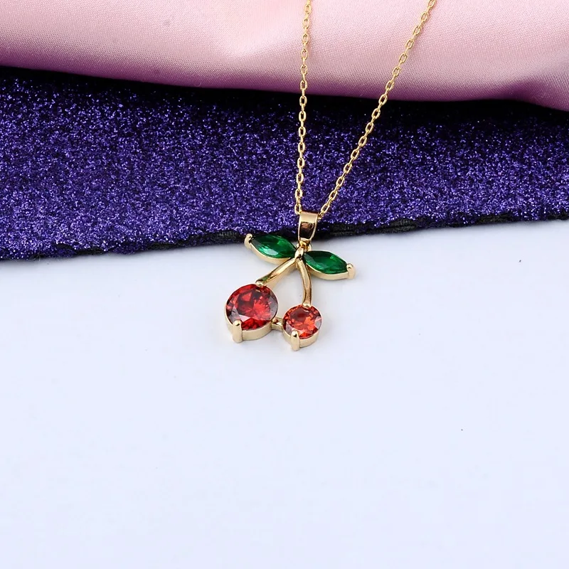 Cherry Pendant Necklace With Red Zircon And Elegant Korean Style_voghion.com