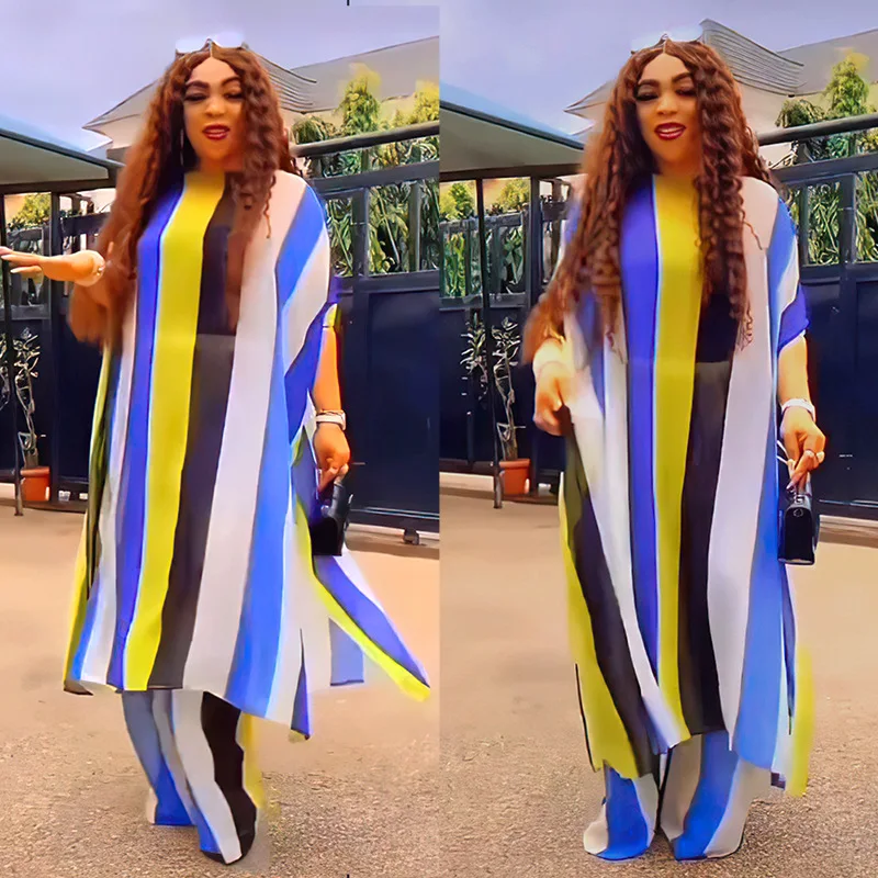 

New 2 Piece African Chiffon PantSuits African Clothes for Women Summer Dashiki Top Pants Suit Street Strip Casual Outfits