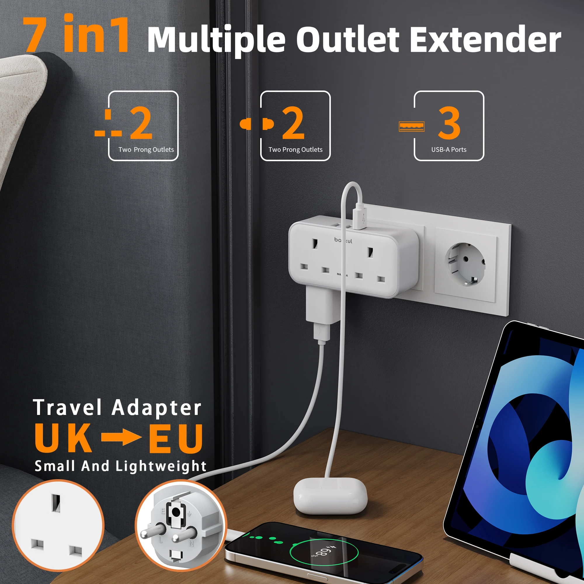 UK to EU Travel Adapter with 3 USB Ports, 2 UK Outlets, 2 Universal 2-Pin Sockets, 3250W Power, White/Black, for UK to Germany France Spain Greece Netherlands Poland Portugal, Supports Simultaneous Use Of Multiple Devices.