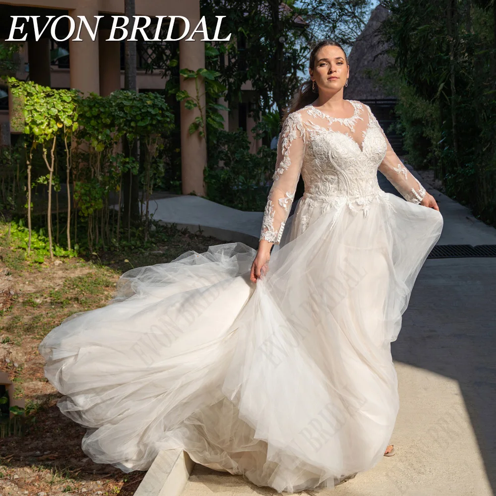 

EVON BRIDAL Light Champagne Wedding Dress Plus Size Long Sleeves Illusion Bride Gowns A-Line vestidos de novia talla grande