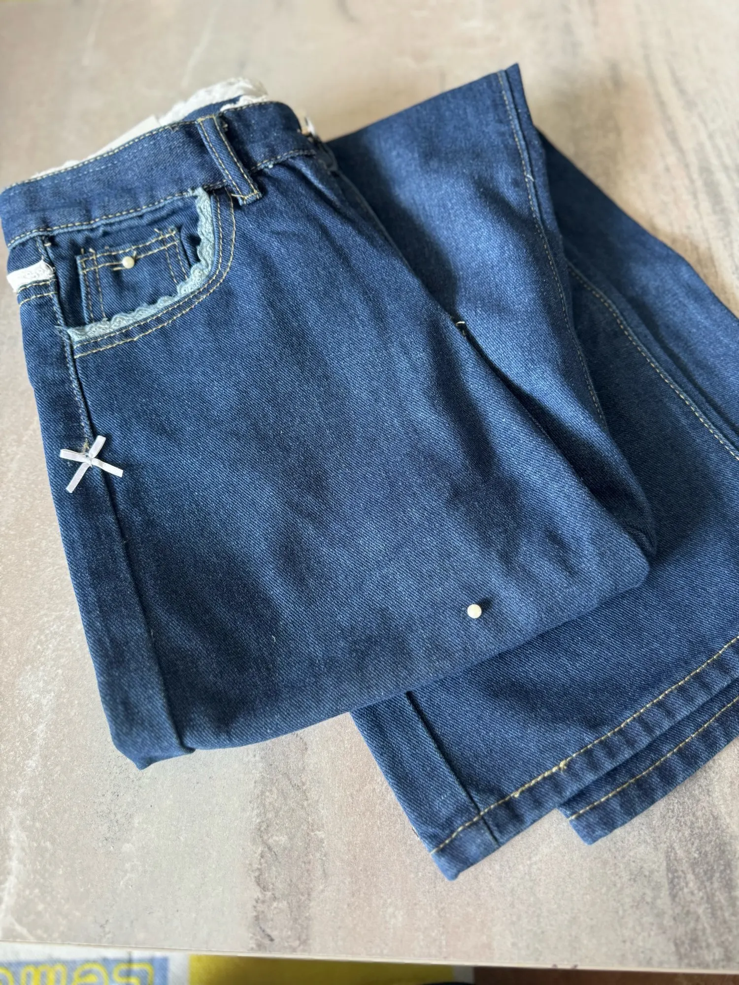 Retro Dark Blue Denim Pants for Women Spring Autumn Sweet Lace Bow Jeans Female American Style Straight Loose Wide Leg Pants photo review