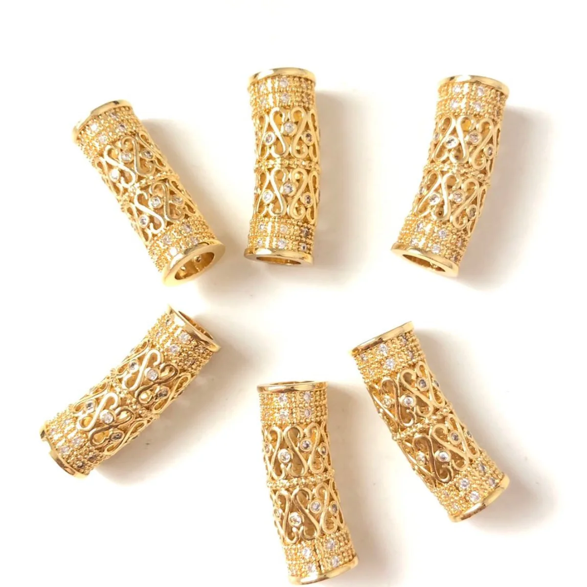 10pcs Centerpiece Hollow Tube Bar Spacer Beads Woman Bracelet Necklace Making Cubic Zirconia Pave Gold-Plated Jewelry Accessory
