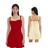 WPNAKS Women Sexy Solid Color Short Dress Evening Party Summer Clothes Elegant Tie-Up Fishbone Waist Shaping Sleeveless Dress