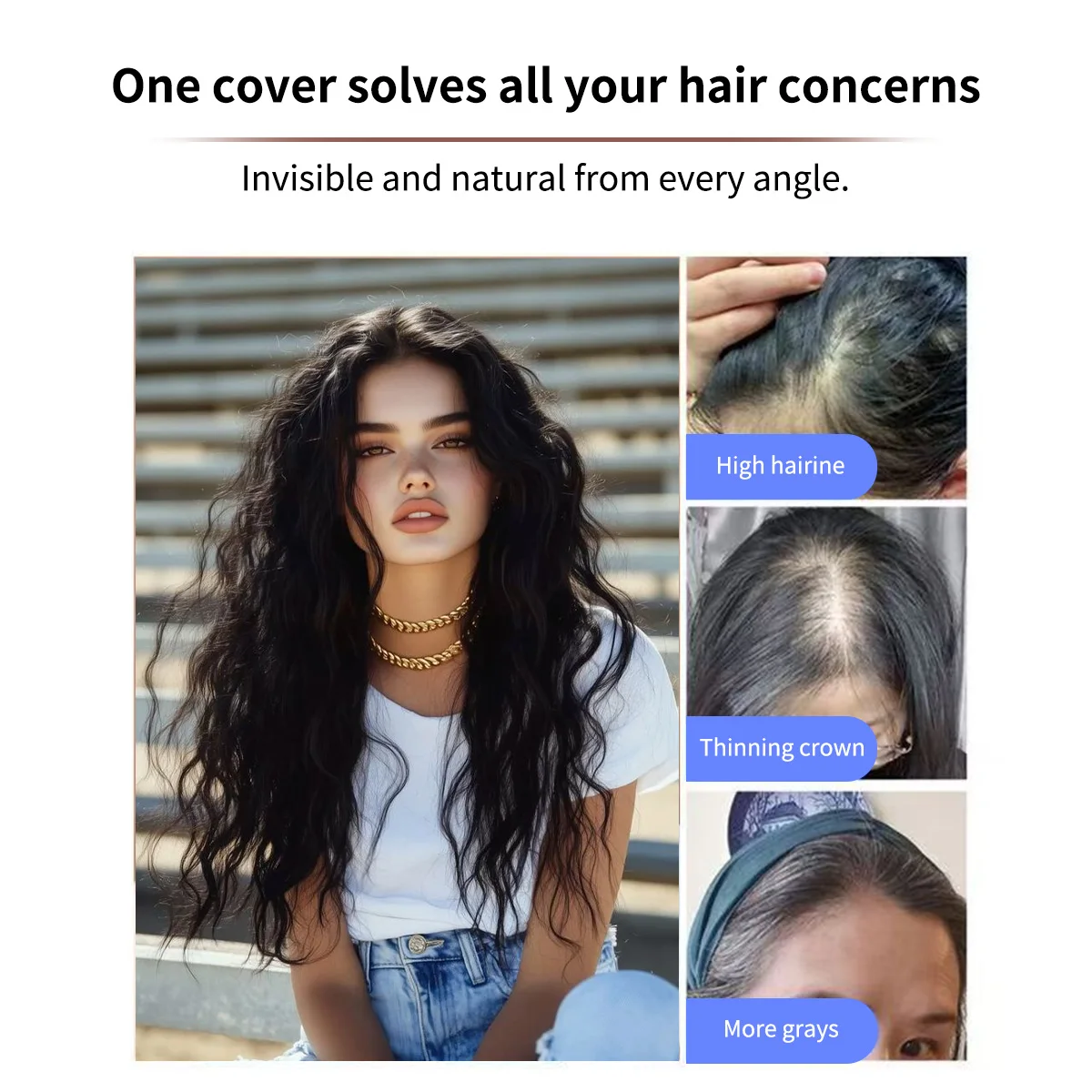 Topper per capelli umani 100% veri, versione migliorata 9x14 cm, onda d'acqua con clip invisibili, base annodata a mano, leggero e facile da indossare per donna - immagine 4