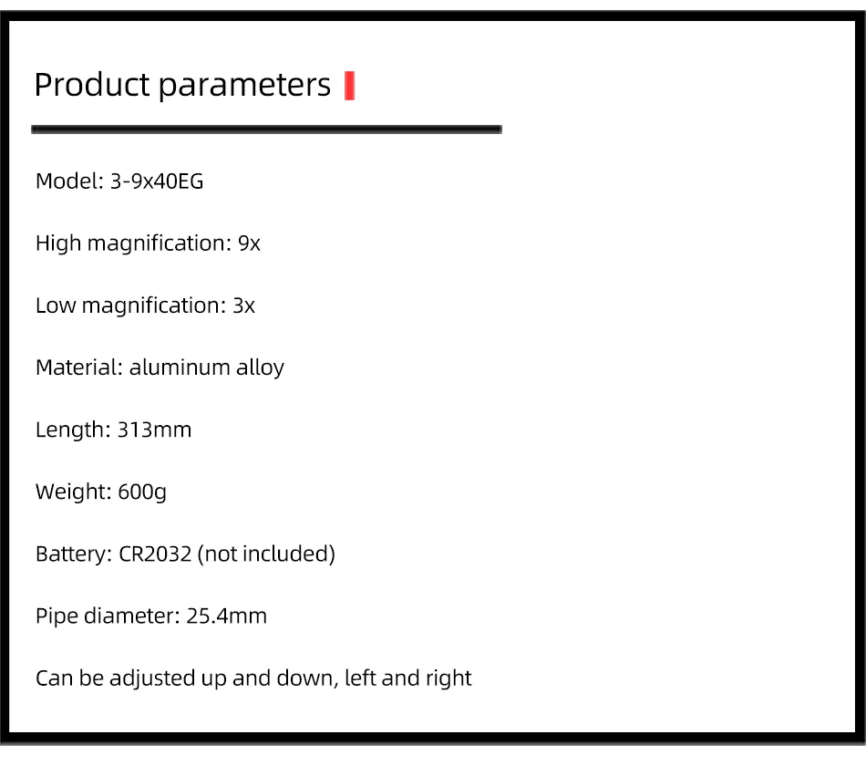 Description Picture 6 of item3-9x40 EG Riflescope Hunting Scope Bow Cross Red Green Outdoor Reticle Sight Optics Sniper Tactical Air Gun Scope Weapon Sight