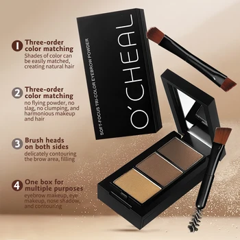 Ocheal 3Color Eyebrow Powder Black Brown Lift Eyebrow Professional Waterproof Cosmetic Eye Shadow Palette with Brush 4