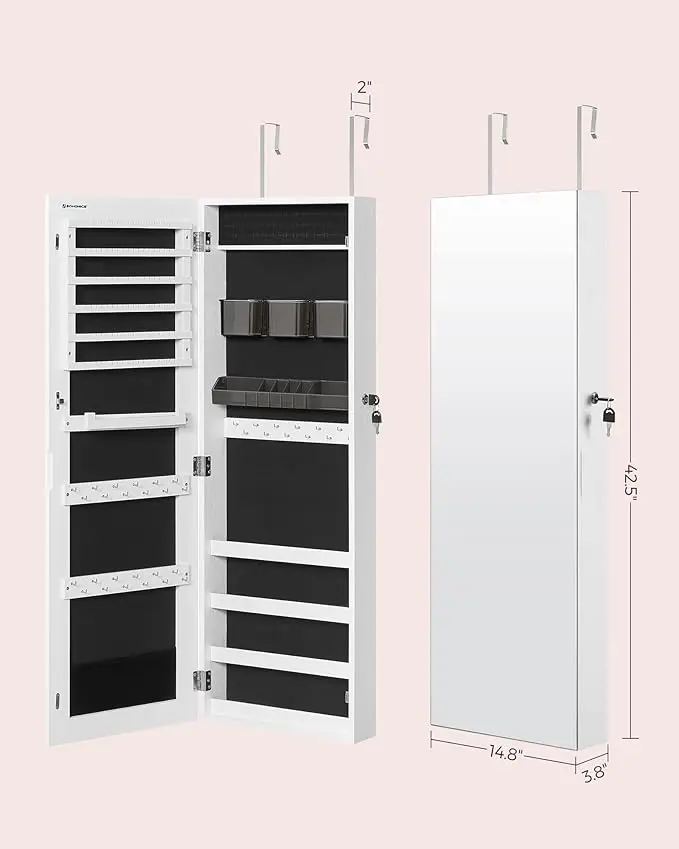 Wall-mounted jewelry armoire with mirror. Includes 2 trays, lockable white design. 6