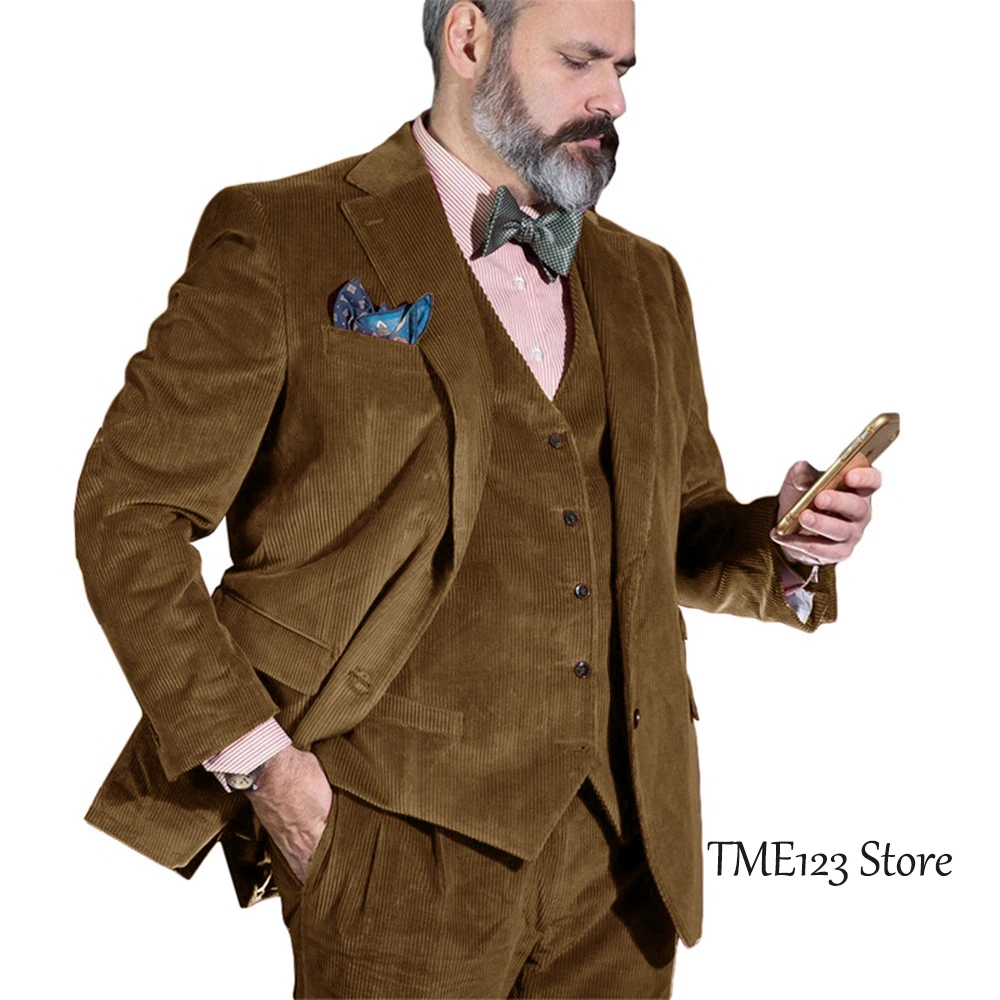 Mens suit Three-piece retro corduroy single-breasted slim-fit business suit jacket wedding best groomsman (jacket + vest + pant)