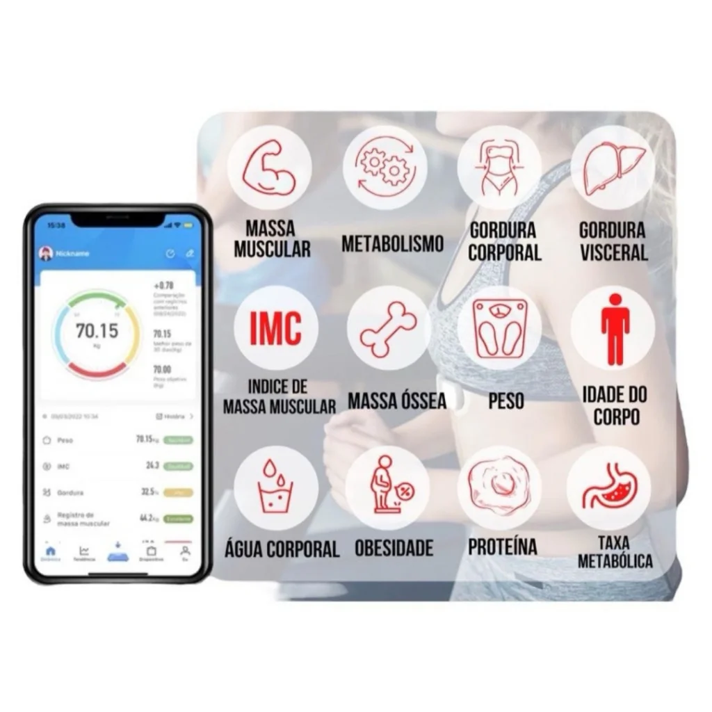 Balança Bioimpedancia Digital Bluetooth Corporal até 180kg Resultado Pelo Celular 5