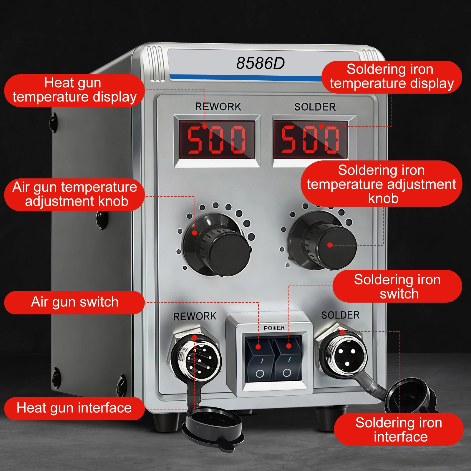 8586 Schweißstation, leistungsstarke Digitalanzeige, elektrischer Lötkolben, 2-in-1, 700 W, Heißluftpistole, Schweißmaschine, Wartungswerkzeug – Detail 9