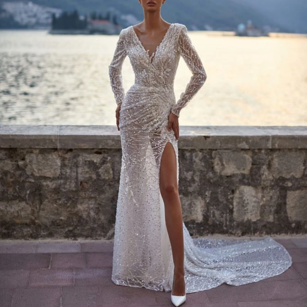 

Boho Lace Illusion Wedding Dress V-Neck Sexy High Split Bride Gowns Shiny Full Sleeves Bridal Dresses Vestido De Novia