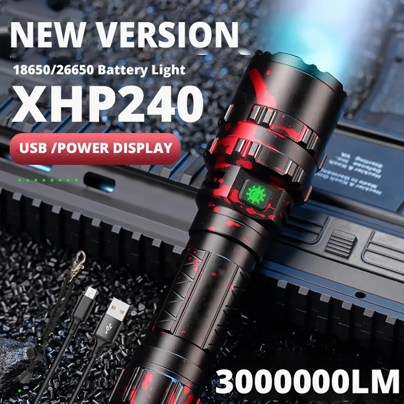 3000000LM NEW XHP240 LED Flashlight Outdoor Waterproof Strong Light  USB Charging Long-range + Powerful C8 Hunting Torch L2 Lamp