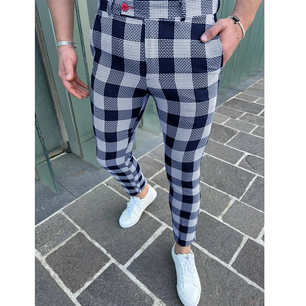 Male Textured Striped Chinos Pants Slim Plaid Check Pants Trousers Men
