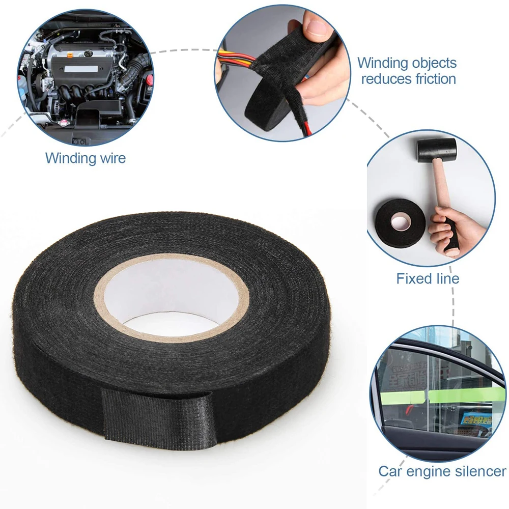 15 Meter Heat-resistant Fabric Electrical Tape Black Adhesive Insulating Cloth Tape for Car Cable Harness Wiring Loom Protection