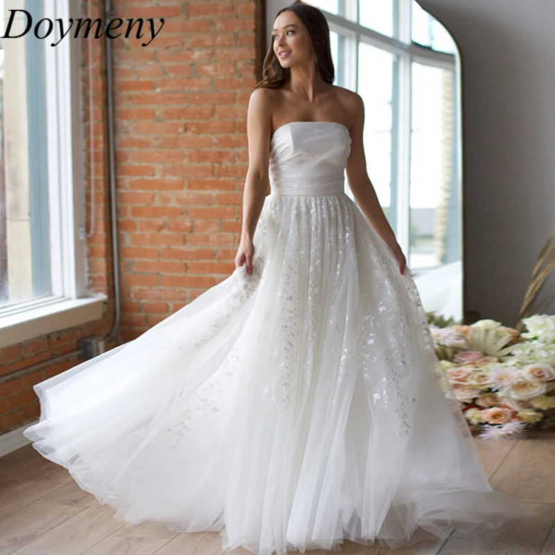 

Doymeny Bridal Wedding Dress Strapless Sweep Train Backless Sleeveless Zipper Sequined Tulle Simple Style A-Line Robe De Mariée