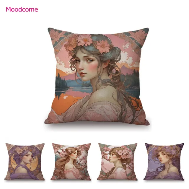 Mucha Style Floral Princess Girl Pink Purple Blue Pretty Flower Daughter Room Decoration Sofa Pillow Case Spring Cushion Cover