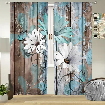 2Pcs Vintage Wooden Floral Curtains Mint Green White Daisy Butterfly Living Room Bedroom Window Decor Curtains Country Sty 5