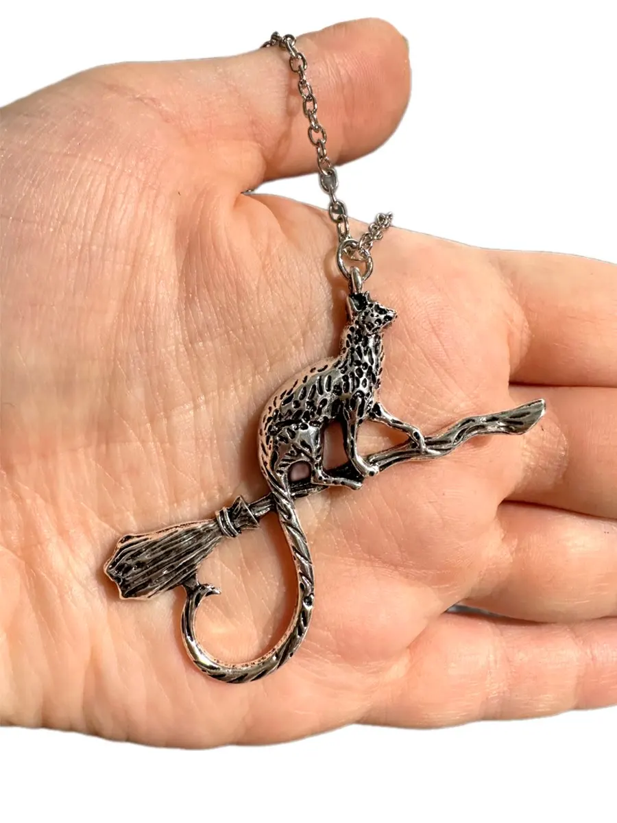 Witch's Cat Necklace | Cat on Broomstick Pendant