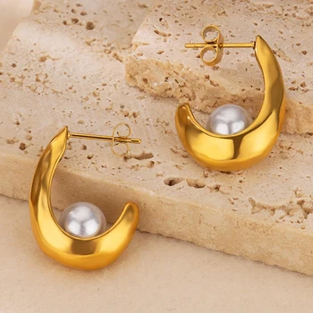 New In WaterDrop Pearl Earrings for Women Stainless Steel Gold Color Hoop Earrings 2024 Trend Wedding Party Jewelry Gift