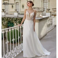 Elegant Chiffon V Neck Boho Wedding Dress 2026 A-Line Lace Applique Bridal Gown Spaghetti Strap Backless Wedding Gown Customized 4