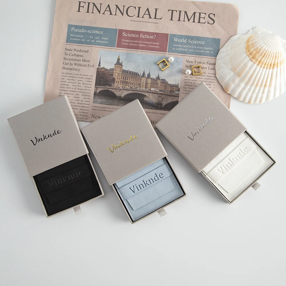 Personalized Grey Paper Drawer Box with Microfiber Gift Bag Pouch Custom Logo Small Jewelry Christmas Packaging