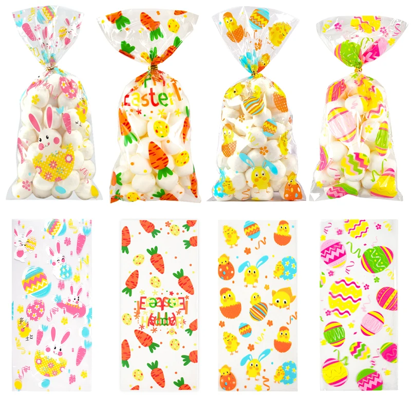 

100pcs Easter Candy Bag Biscuit Gift Bags Cute Bunny Egg Chick Printed Cookies Bag Snack Baking Packing Supply Easter Decoration
