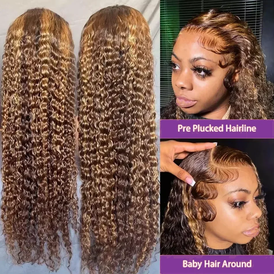 34 Inch Highlight Curly Wave Lace Front Wigs Human Hair 200% Density Deep Curly Human Hair Wig Pre Plucked P4/27 Ombre Lace Frontal Wigs With Baby Hair For Women 4