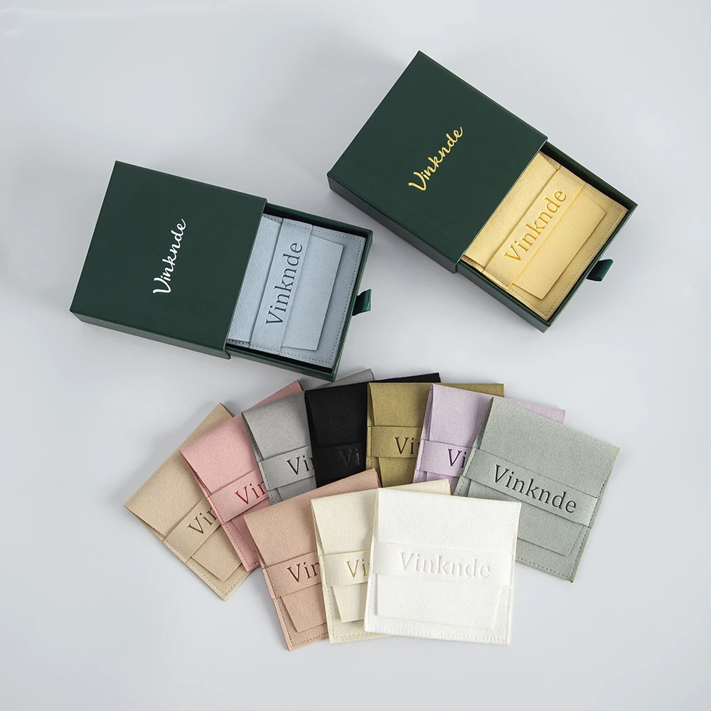 7x7x1.7cm Dark Green Drawer Cardboard Box Custom Logo Microfiber Jewelry Gift Bag Pouch Small Ring Brooch Packaging Personalized