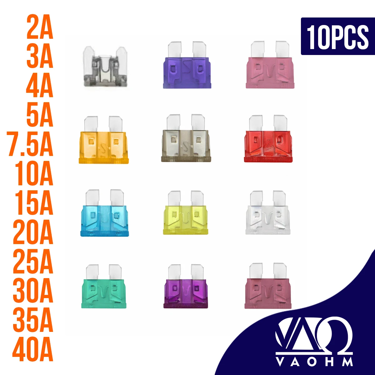 Description Picture 2 of item10PCS Medium Car Fuses 3A 5A 7.5A 10A 15A 20A 25A 30A 35A 40A Auto Blade Type Fuse Set