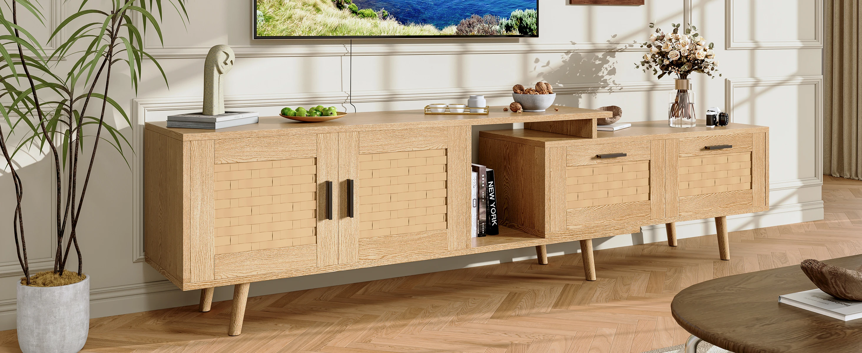 TV-Möbel für Holz-Wohnzimmer, TV-Möbel mit Stauraum, Längenverstellbarer TV-Möbel-Aufbewahrungstisch mit Drehregler – Detail 2