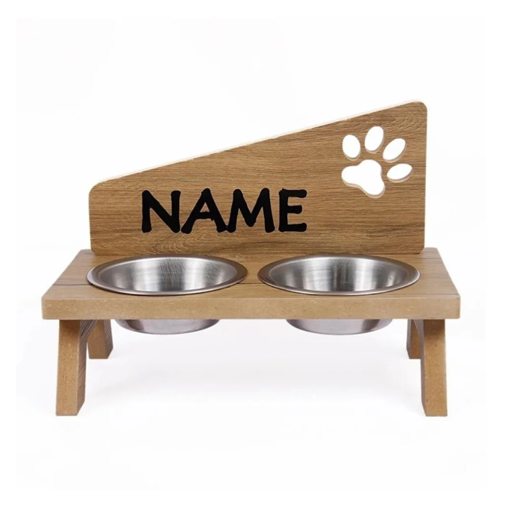 Wooden Custom Name Printed Cat Dog Food Water Bowl Stand Modern Stylish
