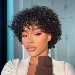 Short Curly Human Hair Wig Full Machine Made Glueless Wig Human Hair Ready To Wear Without Glue Or Gel Kinky Curly Pixie Cut Wig