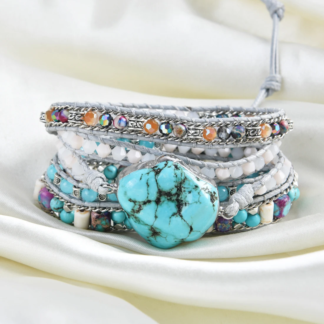 Unique Mixed Natural Stones Turquoises Charm 5 Strands Wrap Bracelets Handmade Boho Bracelet Women Wax Rope Bracelet