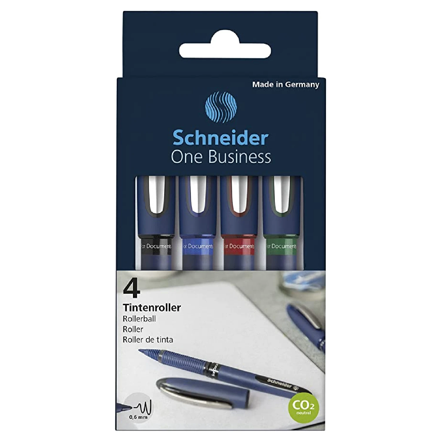 Schneider One Business Rollerball Pen, 0.6 mm Ultra-Smooth Tip, Blue Barrel, Four-Pack, One Each of: Black, Red, Blue, Green флеш накопитель 512gb sandisk ultra dual drive go usb 3 1 usb type c blue