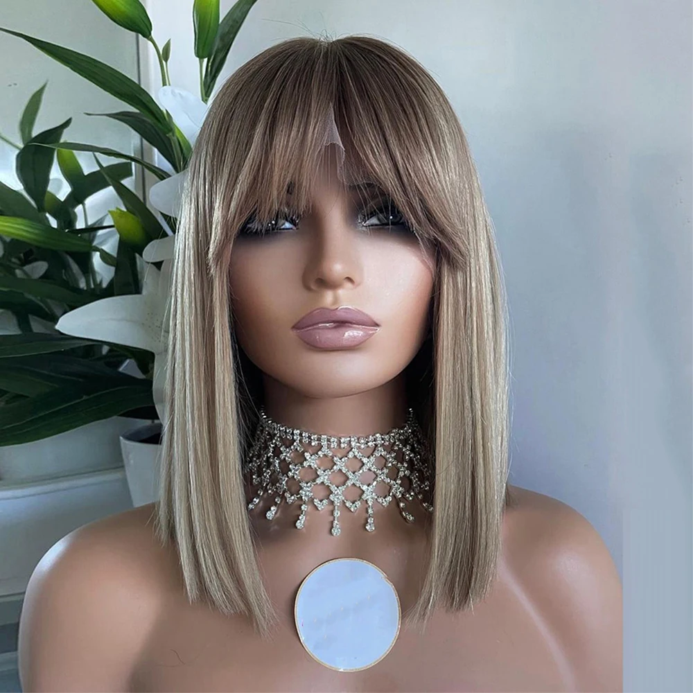 

Lovely Dark Ash Blonde Bob Lace Wig with Bangs Brazilian Human Hair Wig Silky Straight Highlights Blonde Lace Frontal Wig