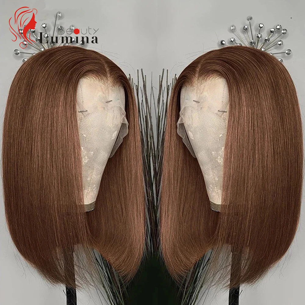 Straight Short Bob Wig Chocolate Brown Human Hair Lace Frontal Wig Transparent Bone Straight Lace Wig Indian Hair Wigs For Women