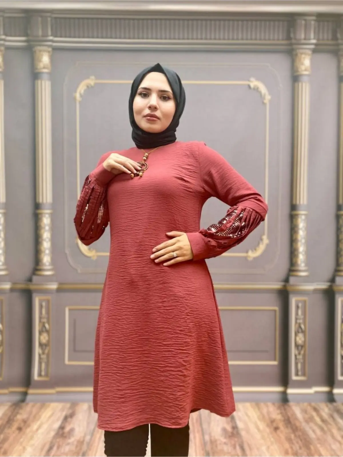 Sequin Detailed Tassel Sleeve Necklace Aerobin Tunic Unlined Long Sleeve Crew Neck 4 Seasons Women Muslim Fashion Hijab Clothing
