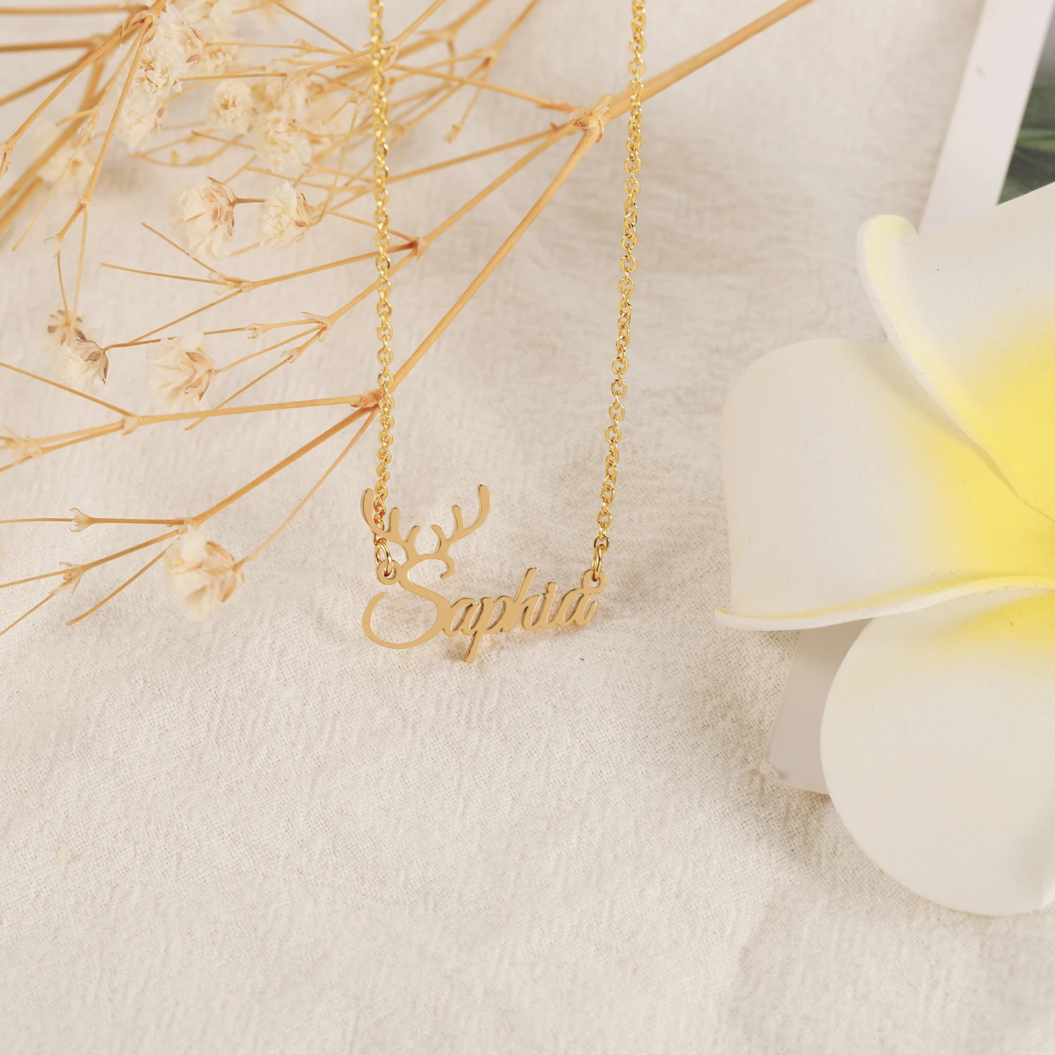 Christmas Gift Custom Name Necklace Elk Or Snowflake Personalized 14K GoldPlated Stainless steel Name Pendant Necklace For Women