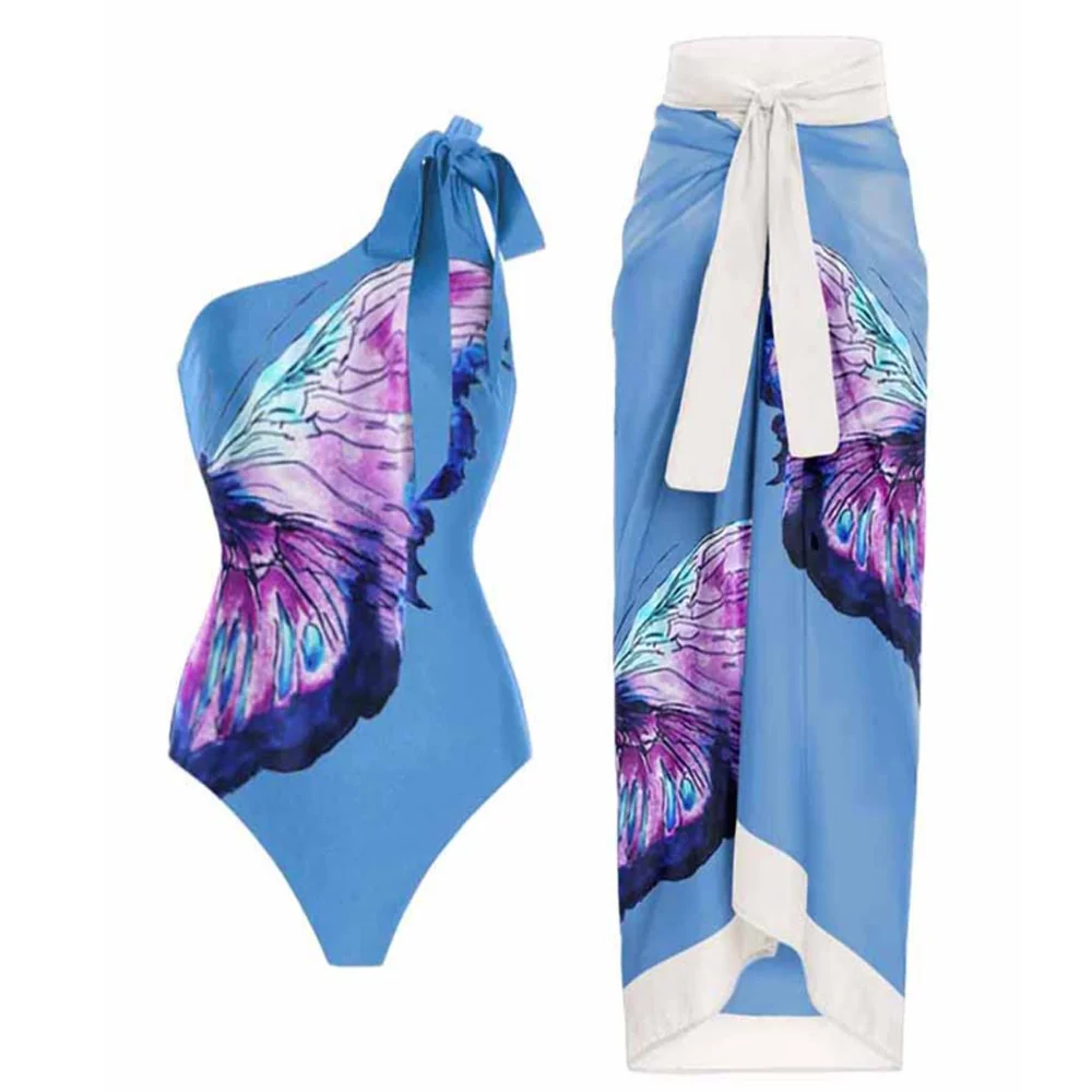 Women One Piece Swimsuit & Skirt Asymmetrical Blue Cover Up Female Retro Holiday Beach Dress Summer Surf Wear