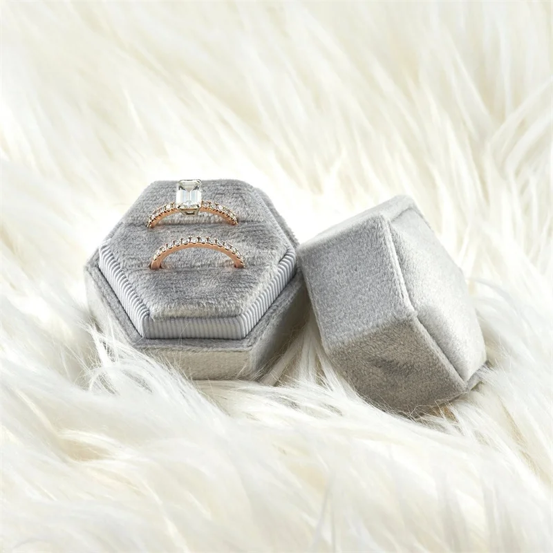 

Double Ring Box Gray Velvet Ring Box Hexagon Shape for Engagement Ring and Wedding Ring Heirloom Box Keepsake Box
