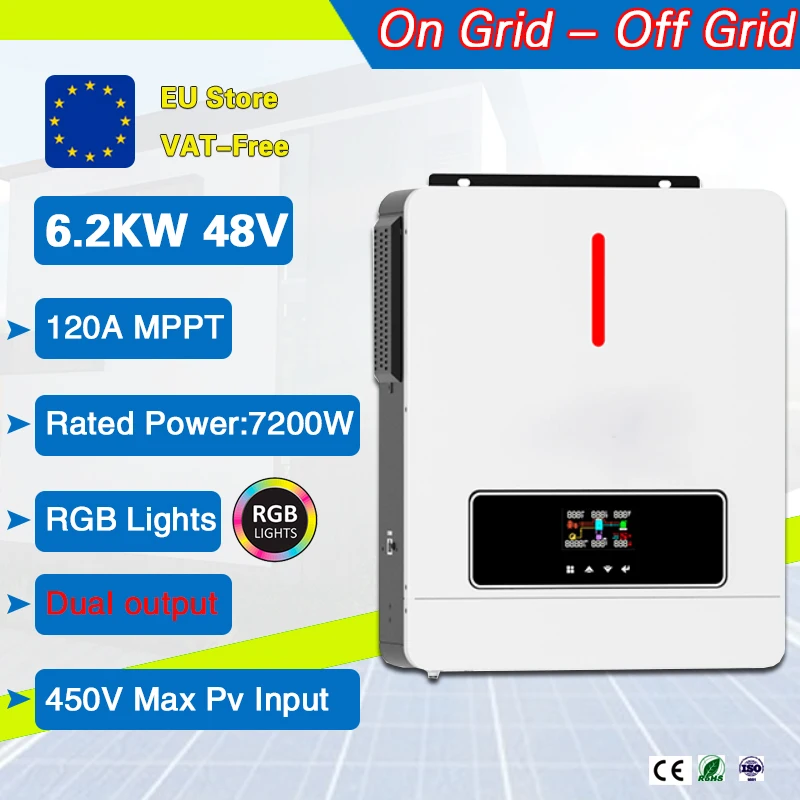 6.2Kw 48V Dual Output Rgb Light 90-500Vdc 120A Controller Caricabatterie Mppt On/Off Grid Inverter Solare Funziona Senza Batterie