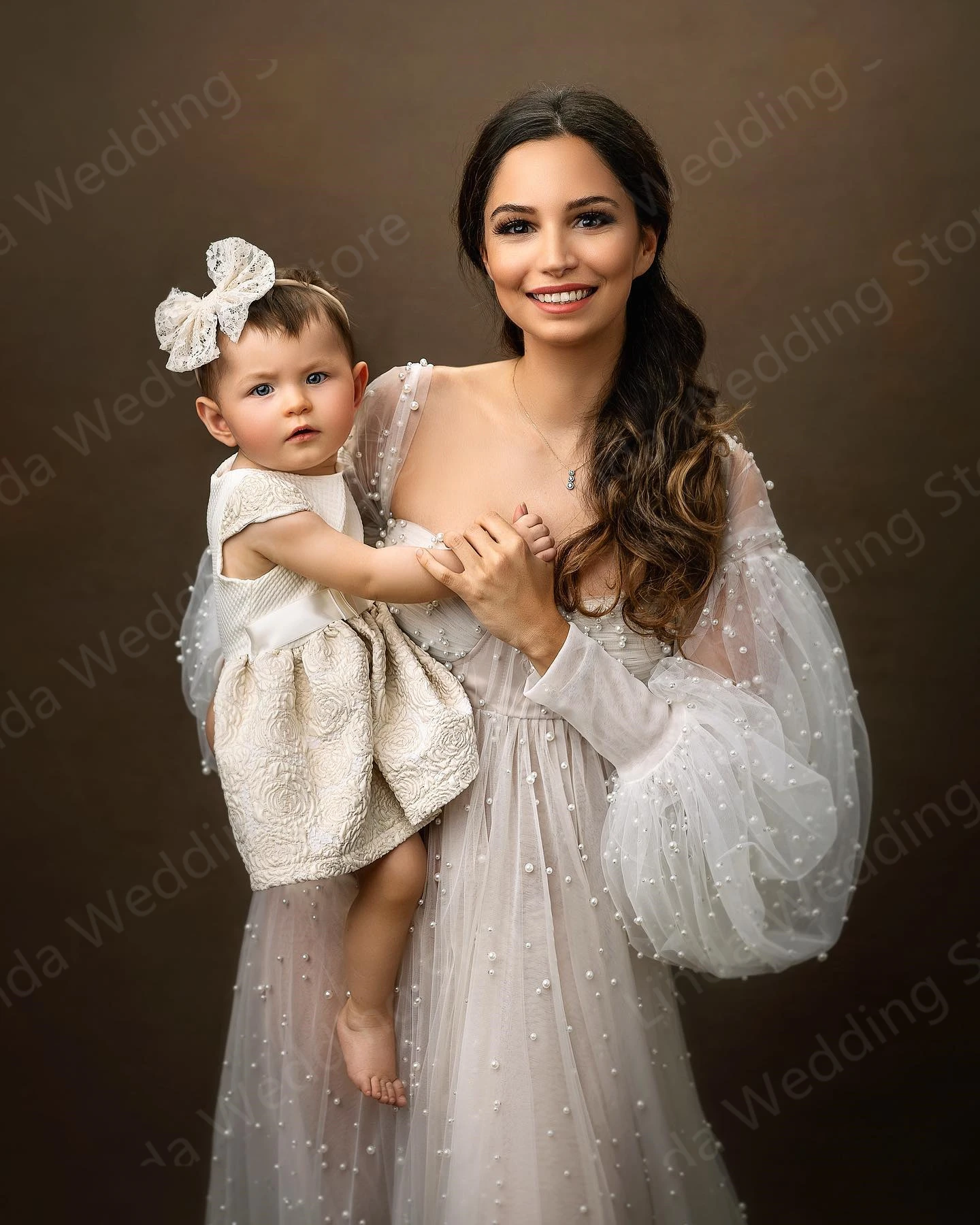 Ivory Bridal Pearls Maternity Dress for Photography Long Sleeve Pregnant Photoshoot Robe Photo Shoot Dresses Women Baby Shower