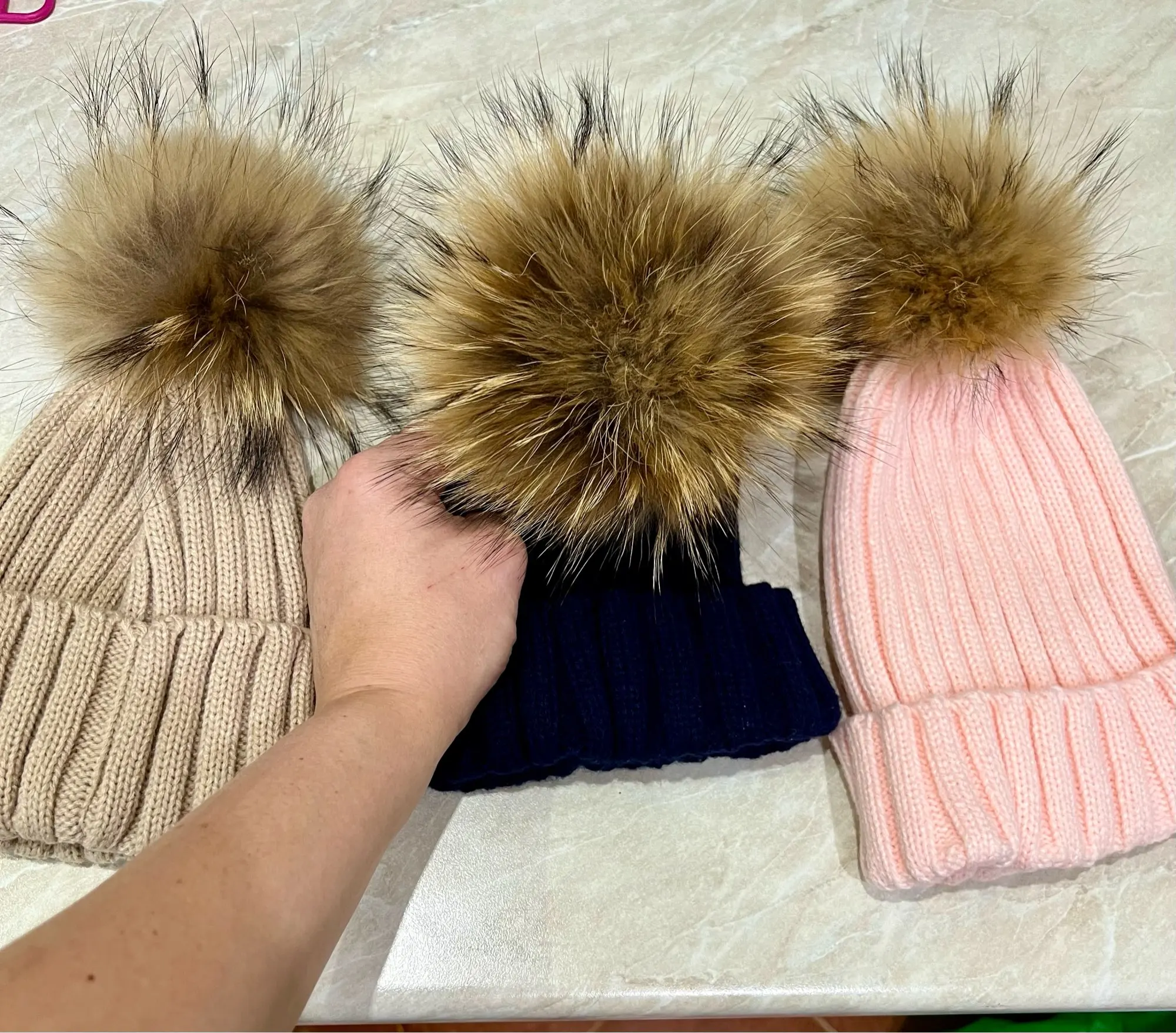 Big Fur Pom pom Beanie Hats Kids Girls Boys Warm Knitted Winter Hat Baby  Real Raccoon Fur pompom Beanies Cap - Price history & Review